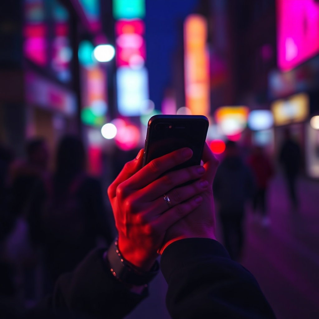 Traveler checking phone at night