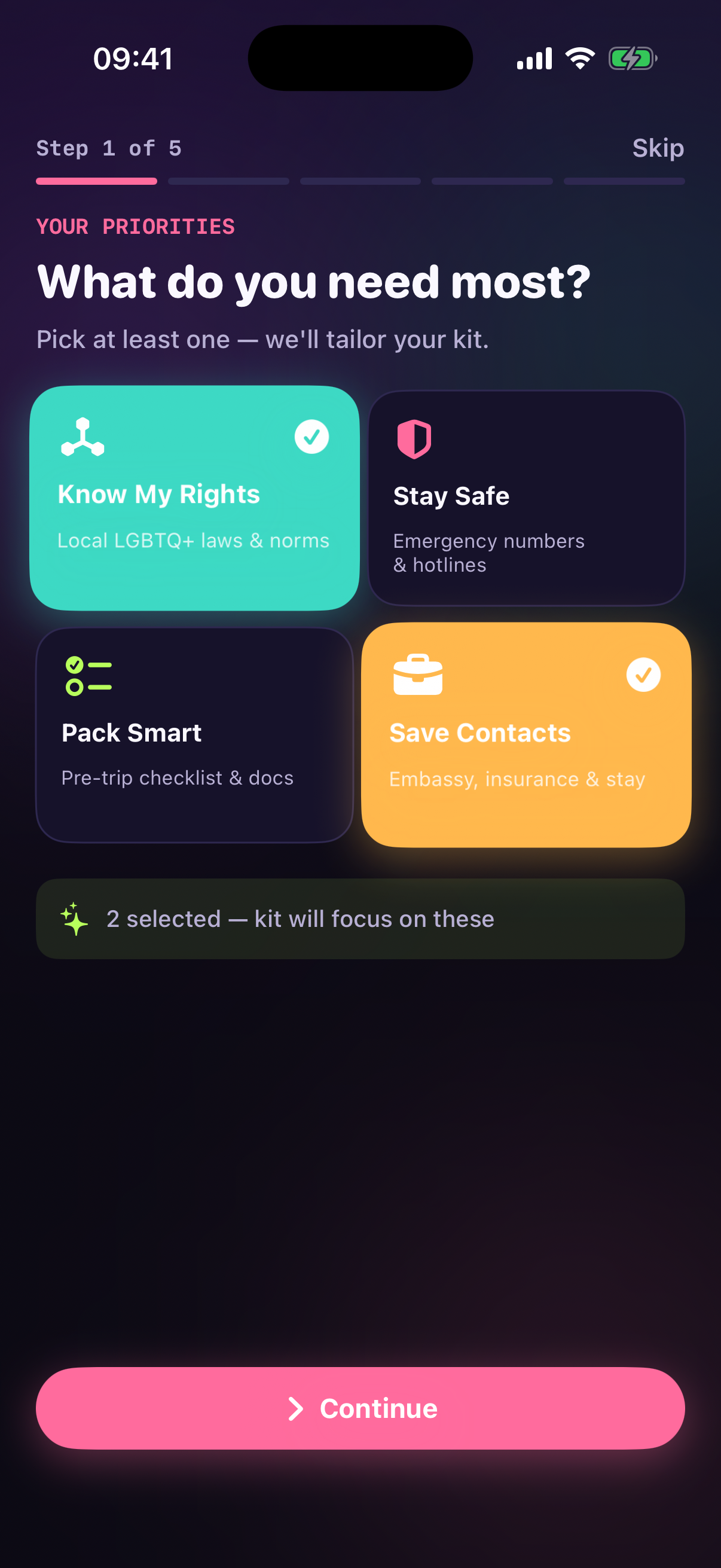 Trips screen showing destinations and country profiles